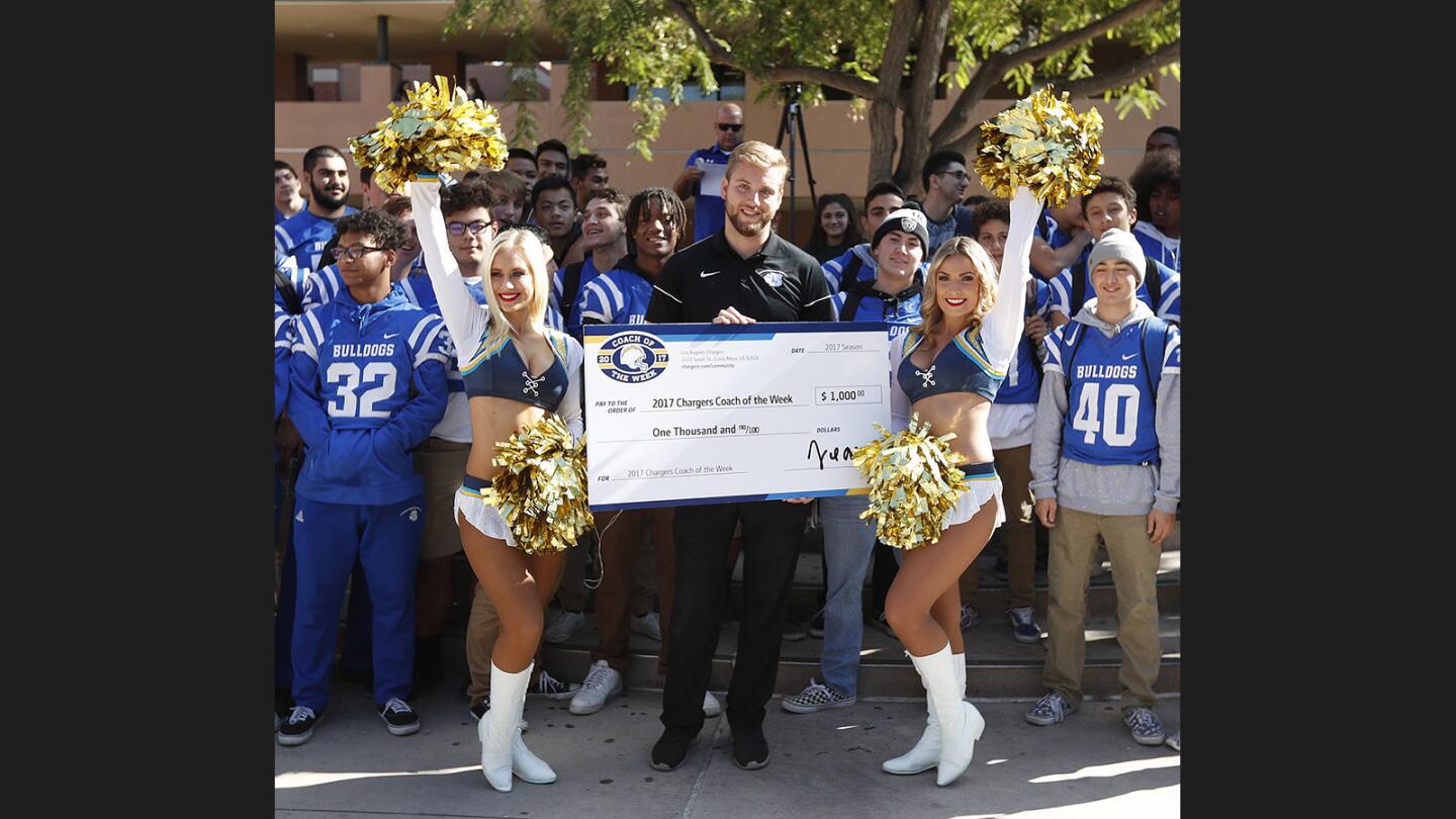 Photo Gallery: Burbank Football Coach Adam Colman recognized as a 2017 Chargers Coach of the Week by the Los Angeles Chargers