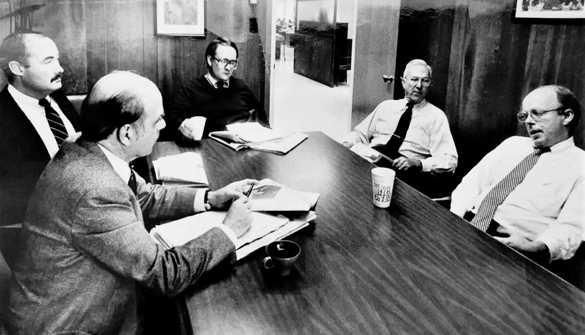 Michael McGough, third from left, with fellow Post-Gazette editorial writers in 1982.