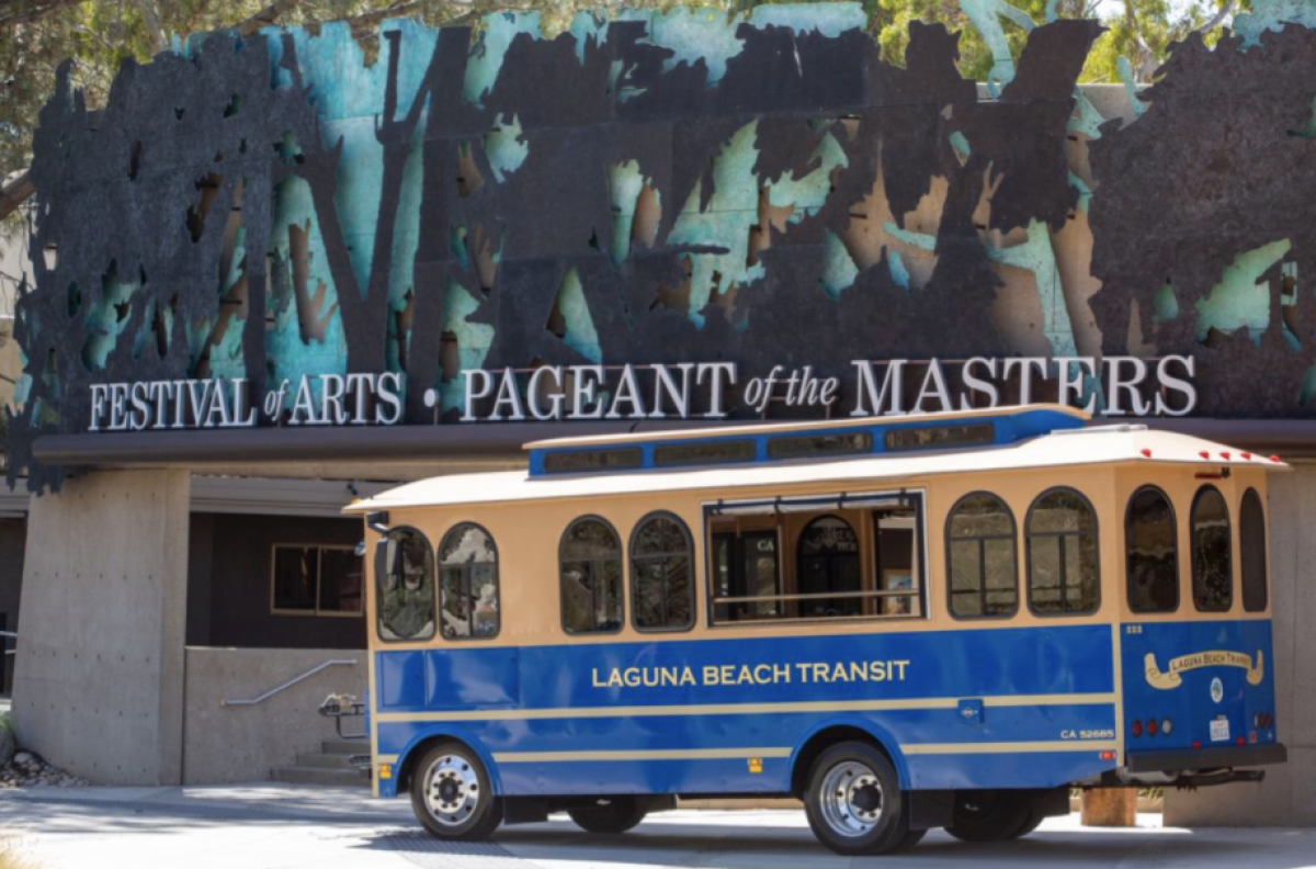 A Laguna Beach Transit trolley outside the Festival of Arts.