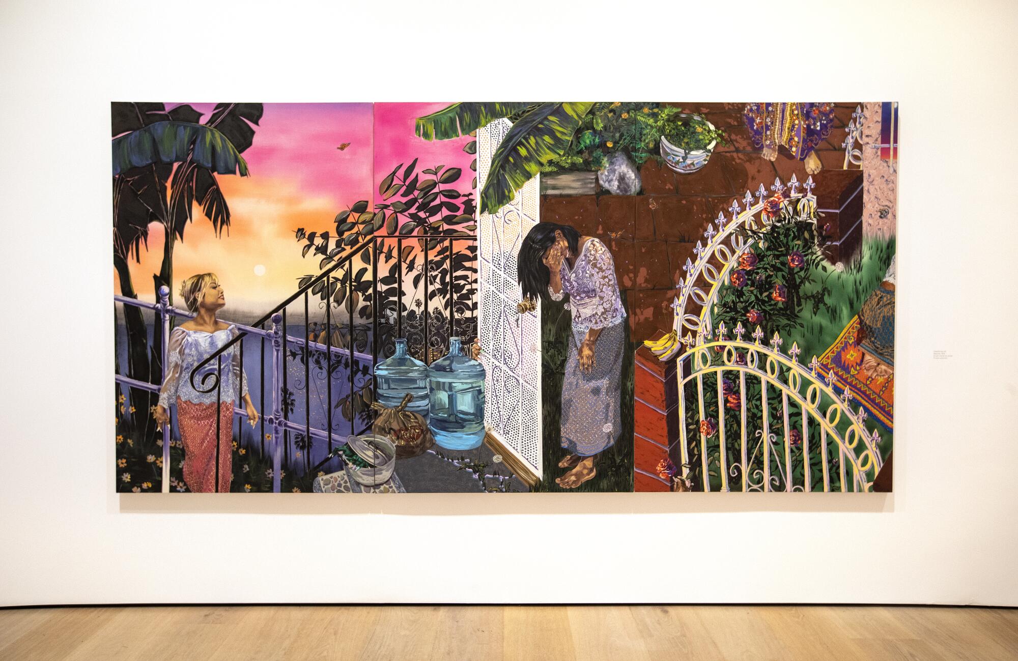 A painting that shows two Cambodian women in a garden (a composite of various gardens) hands on a wall in a gallery.