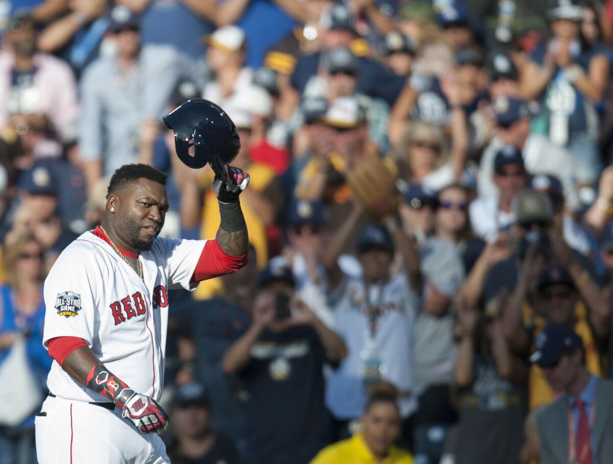 The Red Sox' David Ortiz acknowledges the crowd as he leaves the game during the American League's 4-2 victory over the National League during the 2016 MLB All-Star Game at Petco Park in San Diego on Tuesday, July 12, 2016. (Kevin Sullivan/The Orange County Register via AP)