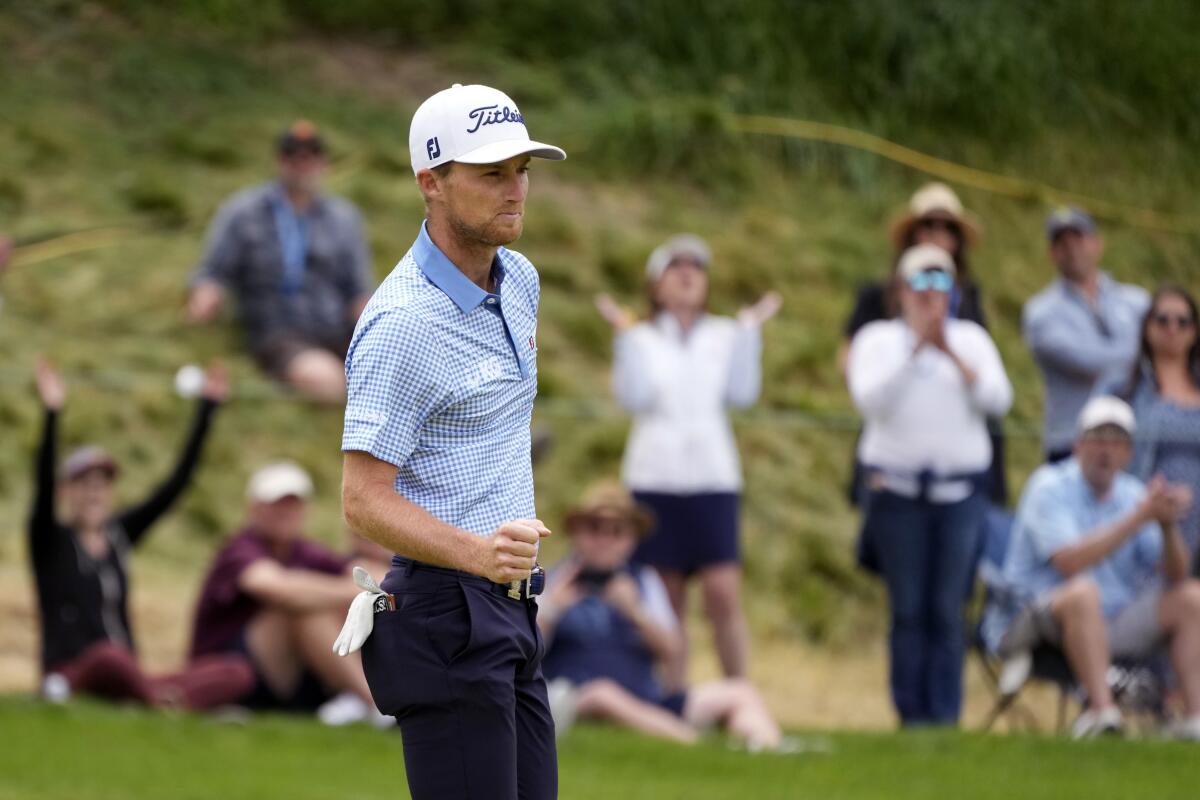 Will Zalatoris reacts after making a birdie on No. 4 in the third round of the U.S. Open on June 18, 2022.