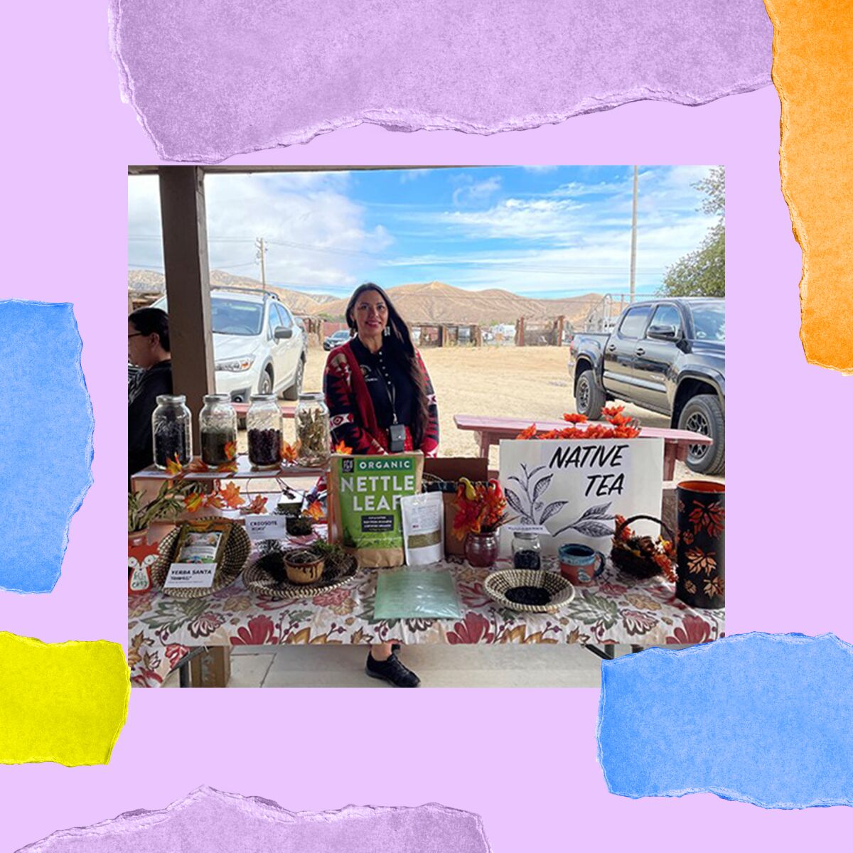 A woman stands at a table with jars and snacks and a sign that says "Native Tea."
