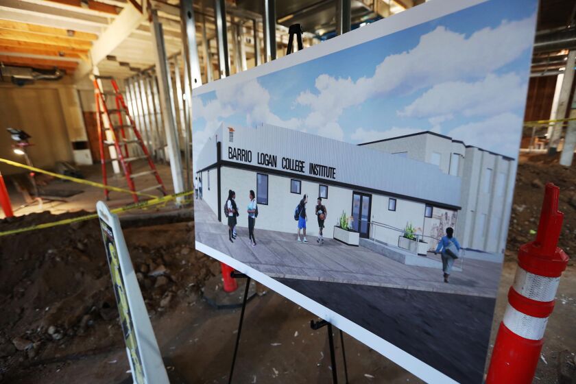 A rendering shows the facade of the soon to be open Barrio Logan College, which is being transformed from the former Diego and Son Printing shop to the expanding school's newest space on Friday, October 11, 2019.