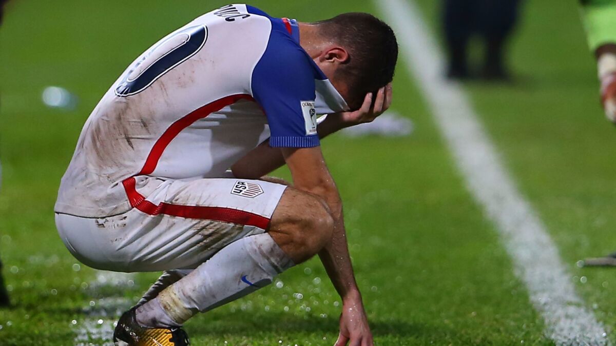 Christian Pulisic of the United States reacts to a loss to Trinidad and Tobago in a FIFA World Cup Qualifier match Oct. 10.