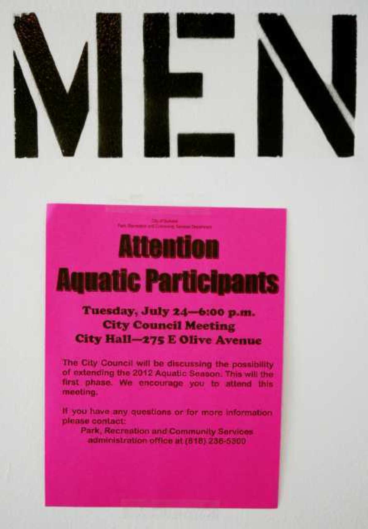 A poster on the way into the men's locker room alerting aquatic participants of a Burbank City Council discussion to extend the 2012 aquatic season at the McCambridge Swimming Pool in Burbank.