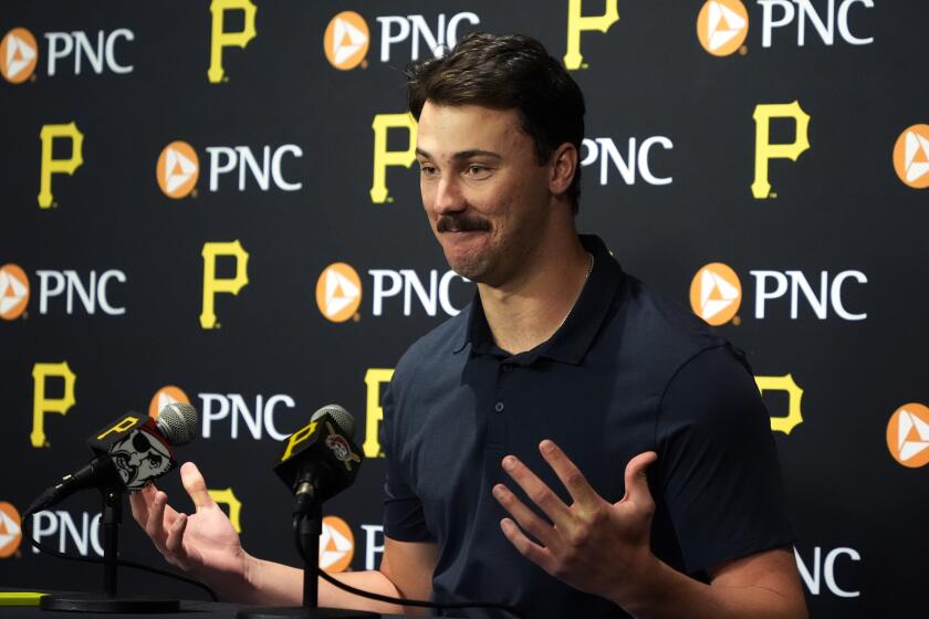 Pittsburgh Pirates' Paul Skenes meets with reporters before a baseball game against the Chicago Cubs in Pittsburgh, Friday, May 10, 2024. Skenes will make his Major League debut Saturday against the Cubs. (AP Photo/Gene J. Puskar)