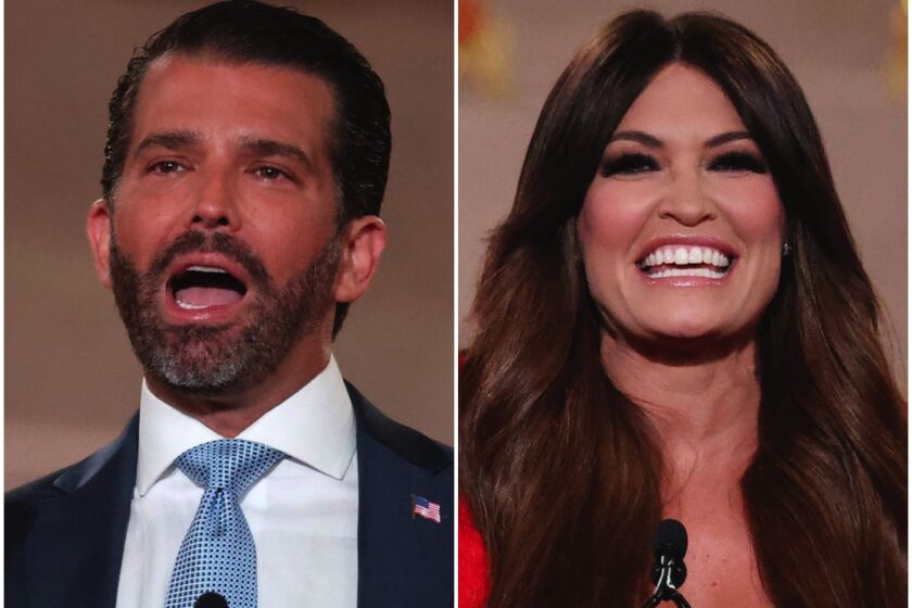 Donald Trump Jr and Kimberly Guilfoyle speak during the first night of the RNC.