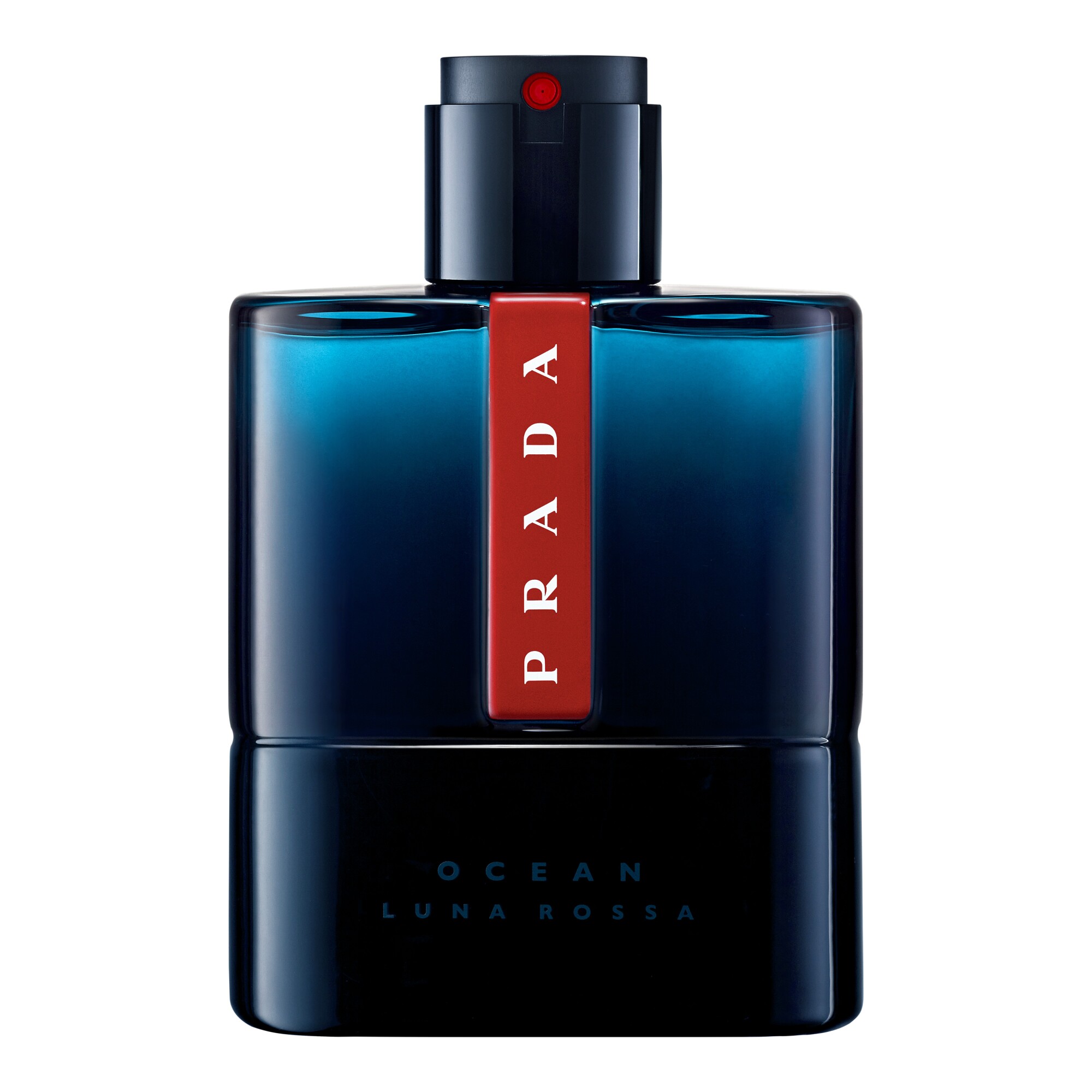 Dark blue perfume bottle with a red Prada label