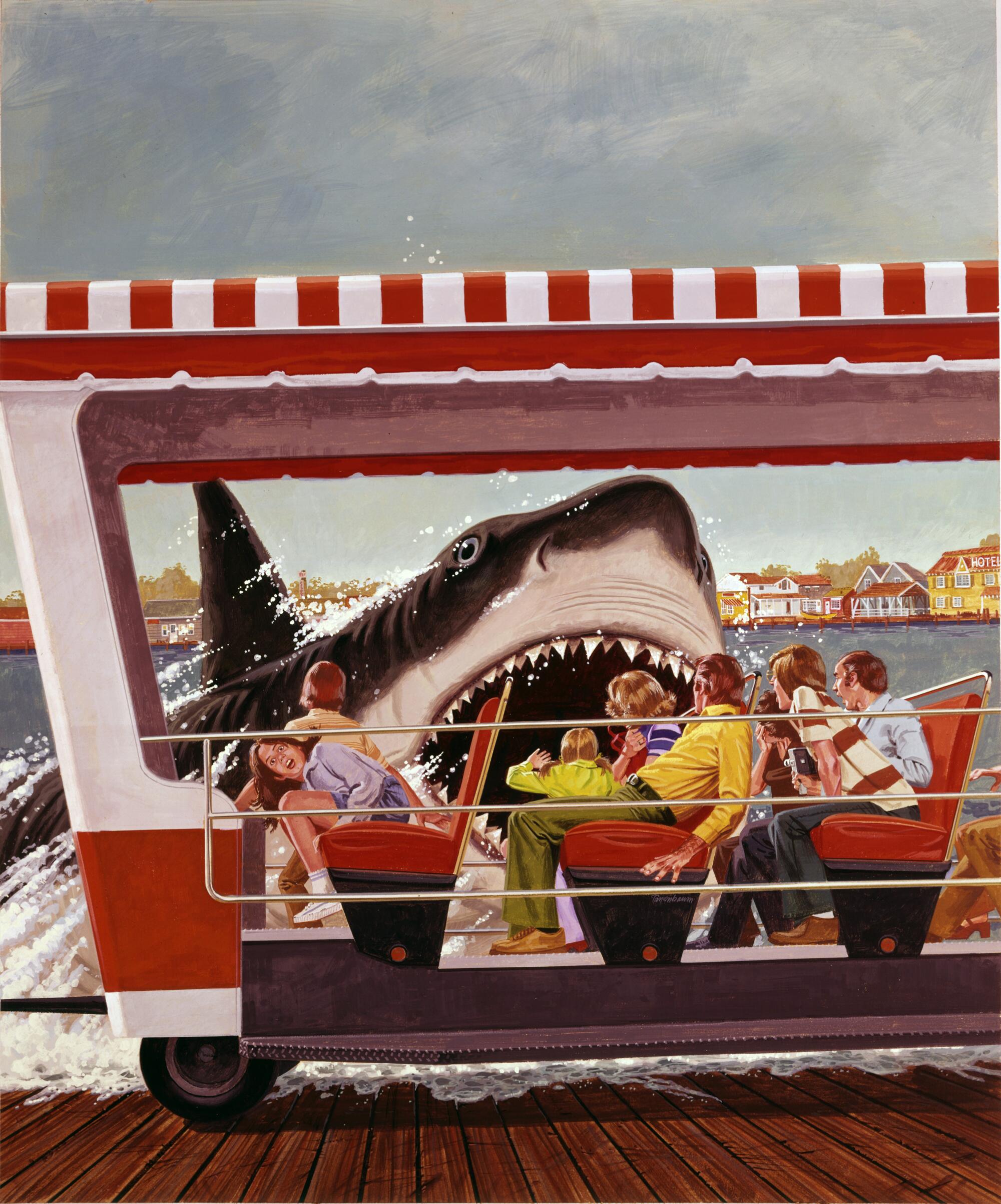 An artist's rendering of a shark's open jaws on the far side of a tram car.