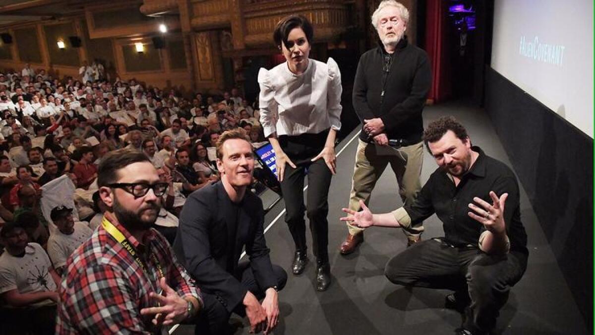 At the "Alien" screening during the 2017 SXSW Film Festival, from left, SXSW producer Jarod Neece, actors Michael Fassbender, Katherine Waterston, director Ridley Scott and actor Danny McBride.