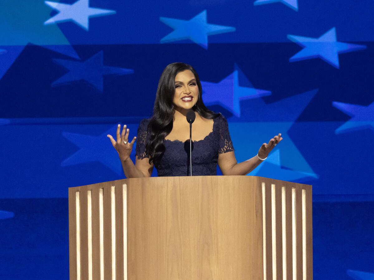 Actor Mindy Kaling hosted a segment of the DNC on Wednesday, Aug. 21, 2024. 