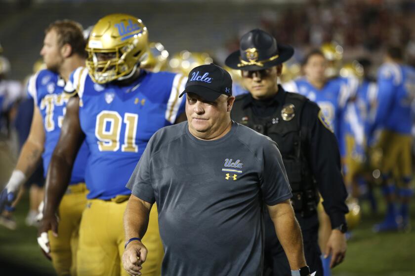 LOS ANGELES, CALIFORNIA - SEPTEMBER 14: Head coach Chip Kelly of the UCLA Bruins walks off the field after being defeated by the Oklahoma Sooners 48-14 in a game at the Rose Bowl on September 14, 2019 in Los Angeles, California. (Photo by Sean M. Haffey/Getty Images)