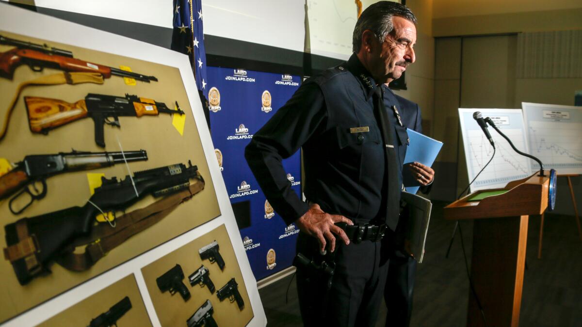 LAPD Chief Charlie Beck at the end of a news conference held Friday to discuss crime in L.A. through the first half of 2016.