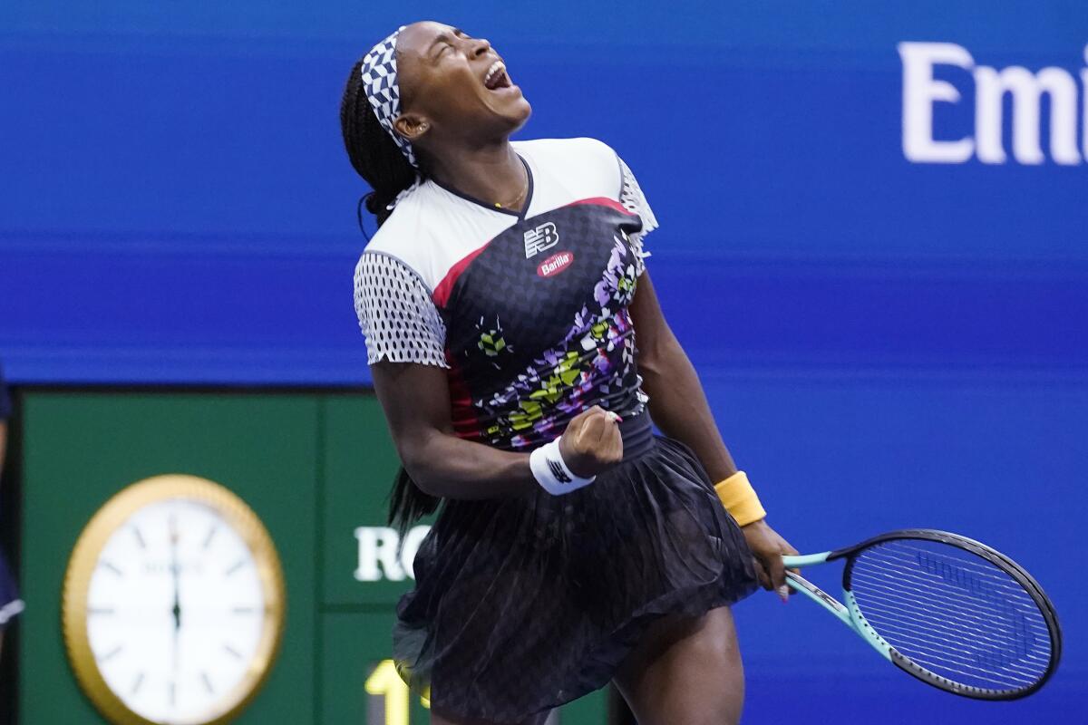 Coco Gauff celebrates after defeating Shuai Zhang during the fourth round of the U.S. Open.