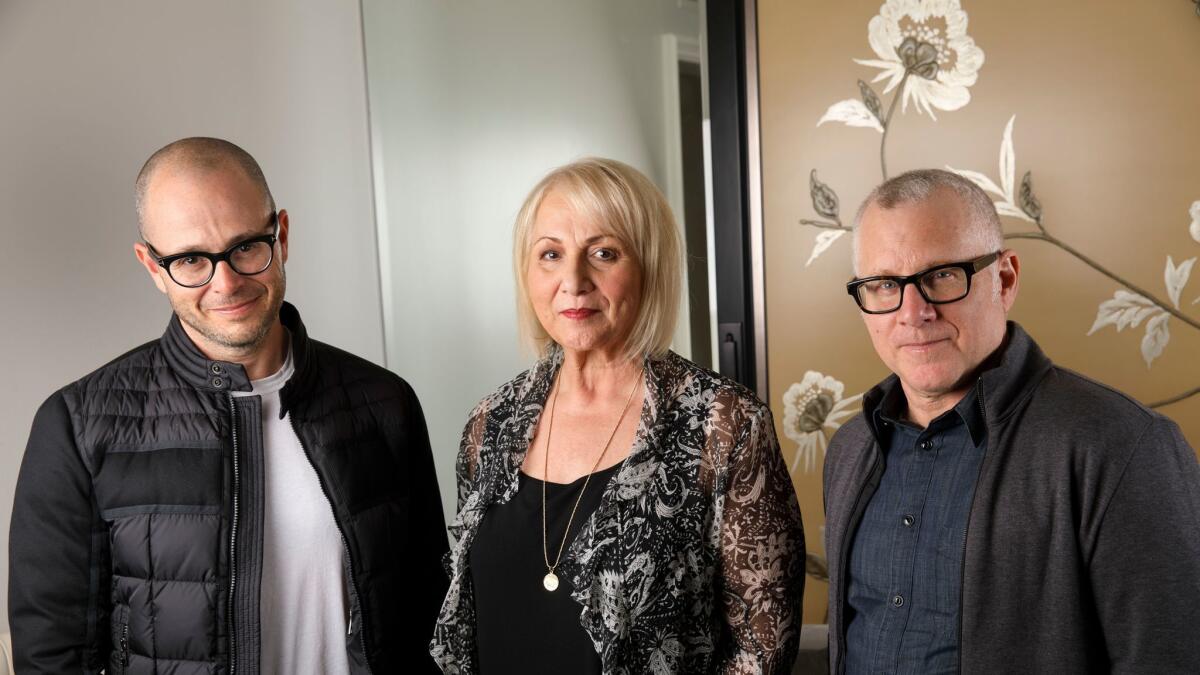 Tom Perrotta, right, with Damon Lindelof and Mimi Leder. The three co-produced "The Leftovers." (Patrick T. Fallon / For The Times)
