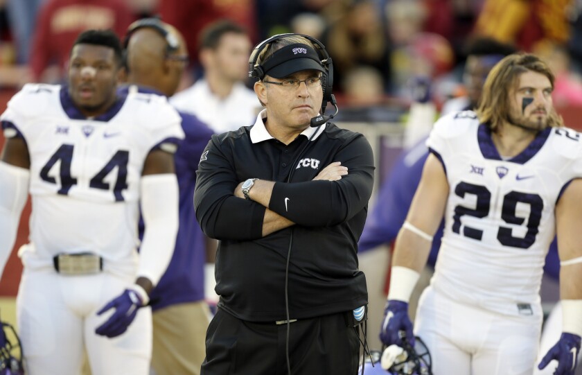 Texas Christian Coach Gary Patterson stands on the field during the first half of a game against Iowa State on Oct. 17.