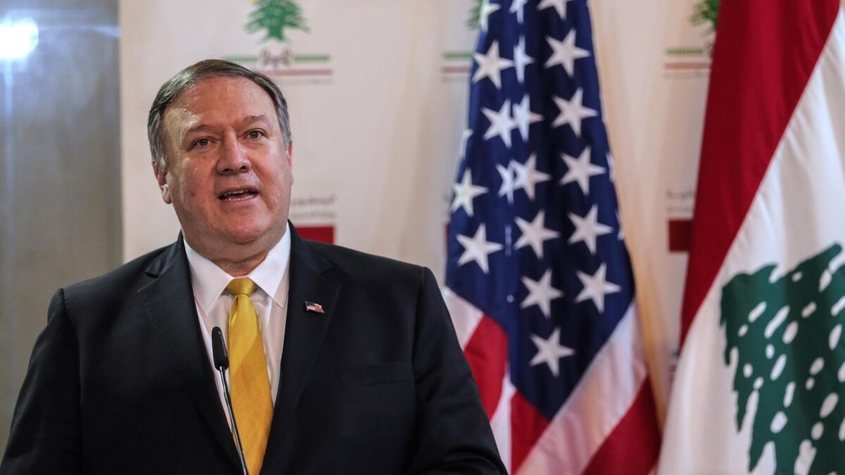 Secretary of State Michael R. Pompeo speaks March 22 at a news conference in Beirut, after leaving Jerusalem.