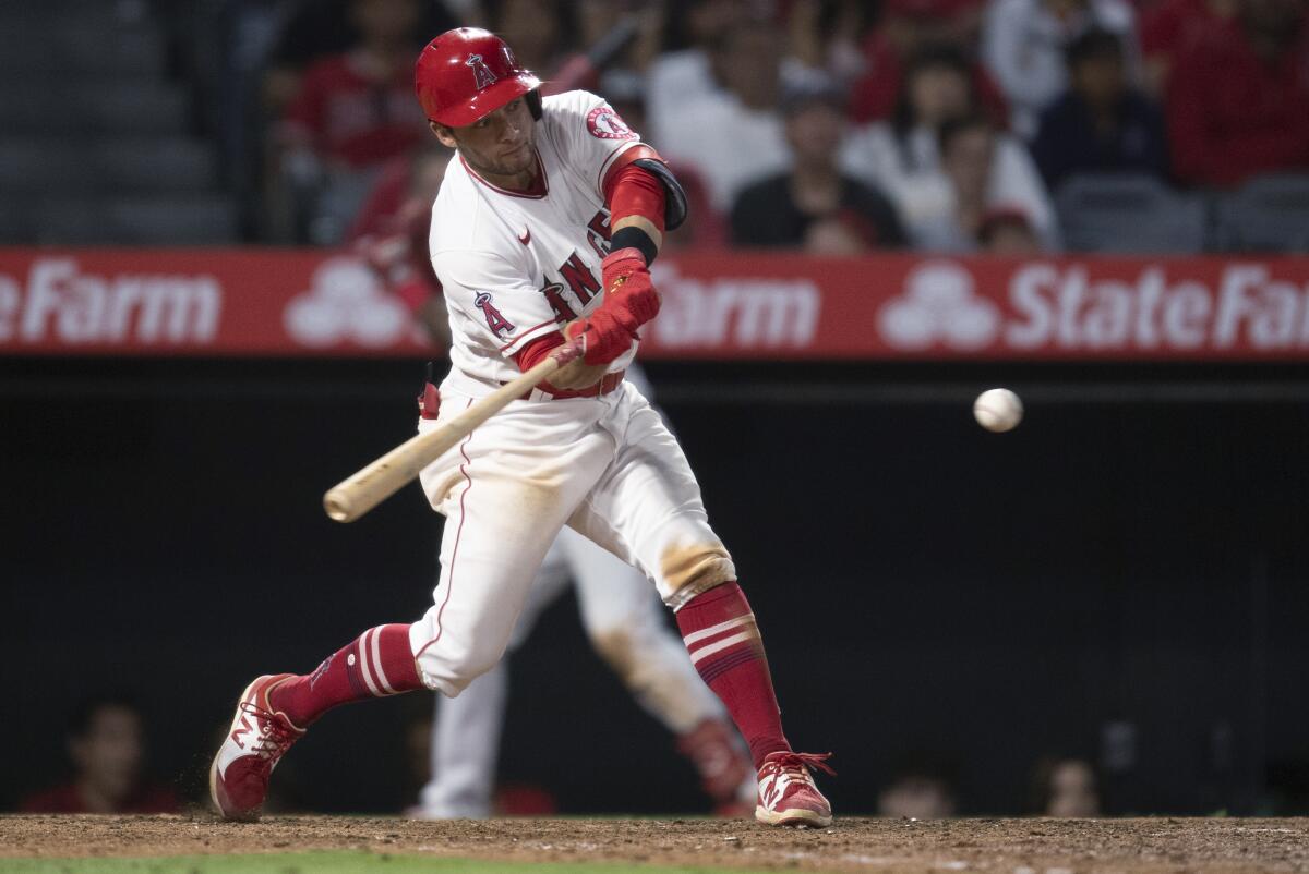 David Fletcher hits a run-scoring double for the Angels in a win over the Detroit Tigers on Saturday.