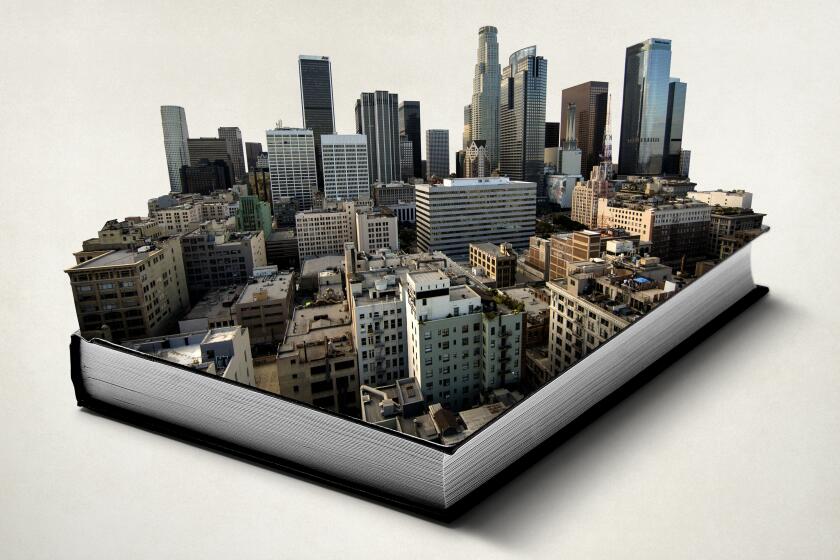 photo illustration of a hardcover book with downtown Los Angeles emerging from its cover