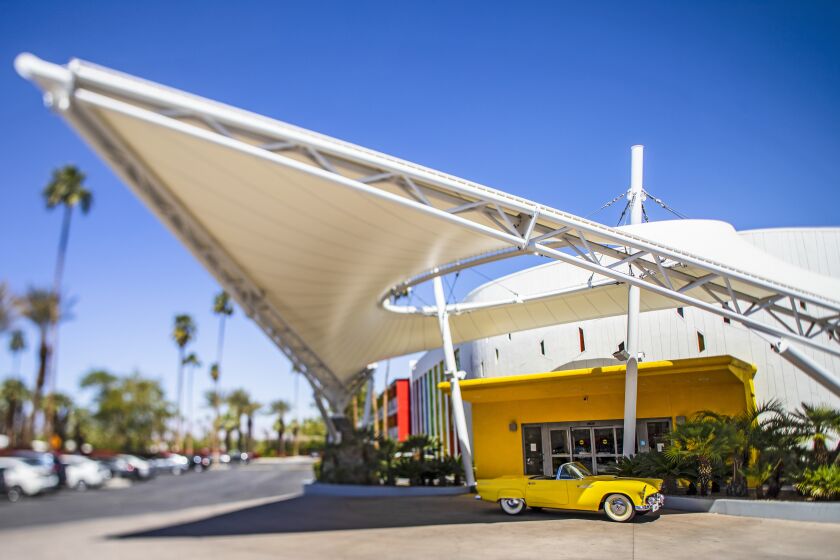 PALM SPRINGS, CA - MARCH 29: The Saguaro Palm Springs hotel at 1800 E. Palm Canyon Dr. during a mid-century modern architecture tour. Photographed in Palm Springs on Monday, March 29, 2021 in Palm Springs, CA. (Myung J. Chun / Los Angeles Times)