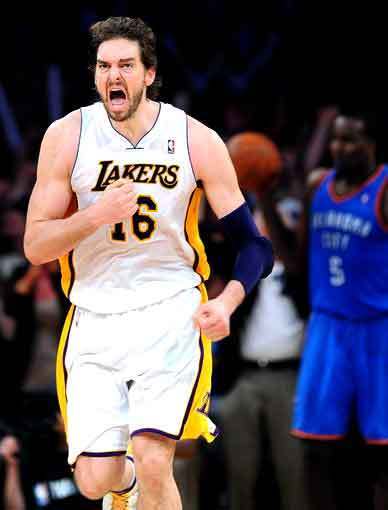 Lakers power forward Pau Gasol reacts after scoring against the Thunder in overtime Sunday afternoon at Staples Center.