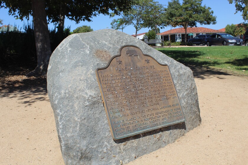 A rock designating the Rancho Santa Fe's California Historical Landmark in the village.