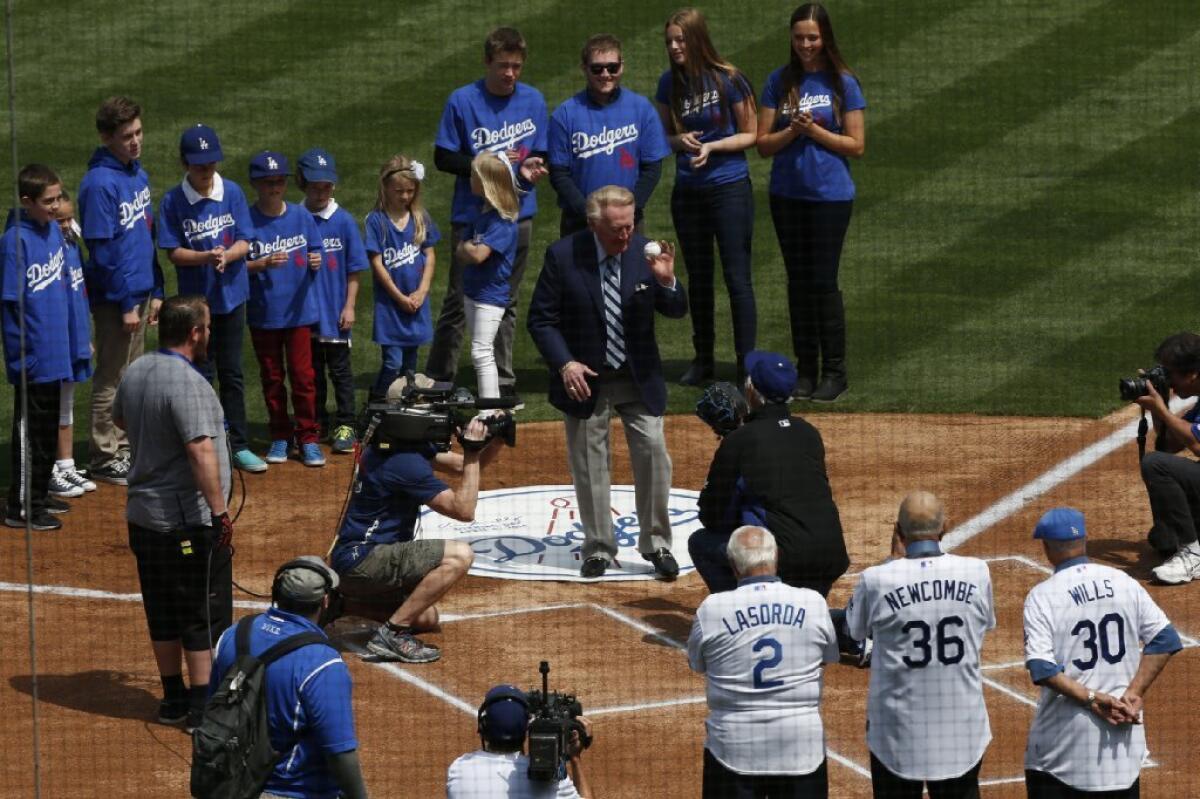 Vin Scully gets the ballgame started for the Dodgers.