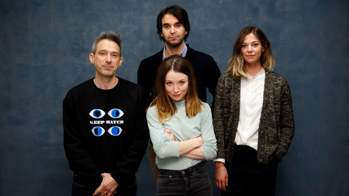 PARK CITY,UTAH --SUNDAY, JANUARY 22, 2017-- Actor Adam Horowitz, actress Emily Browning, director Alex Ross Perry, behind and actress Analeigh Tipton, from the film "Golden Exits," photographed in the L.A. Times photo studio during the Sundance Film Festival