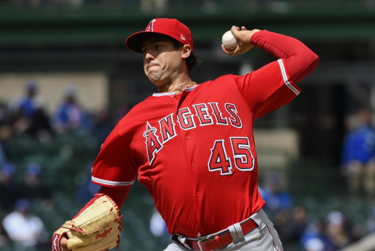 Angels starter Tyler Skaggs delivers against the Chicago Cubs on April 12.