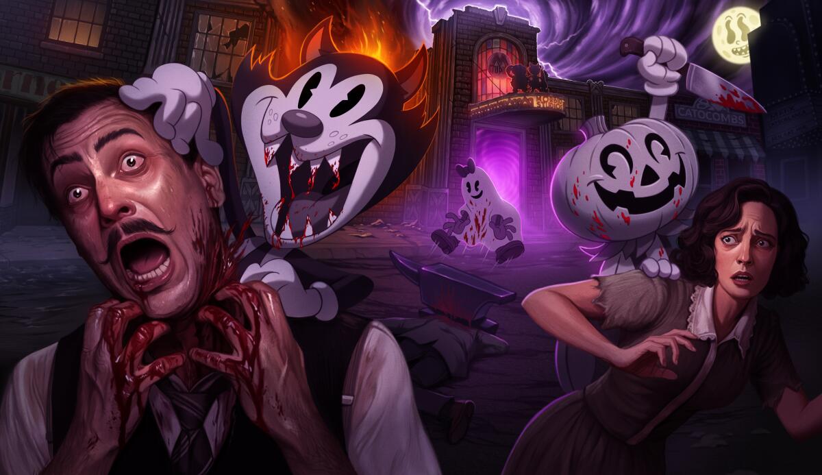 Black-and-white cartoon characters attack a man and a woman. 