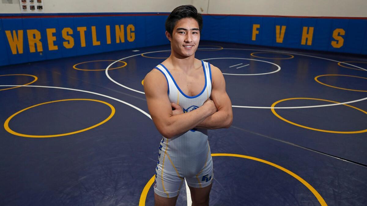 Fountain Valley High senior Trenton Ching on the 160-pound title of the CIF Southern Section Southern Division wrestling championships at Brea Olinda High on Saturday.