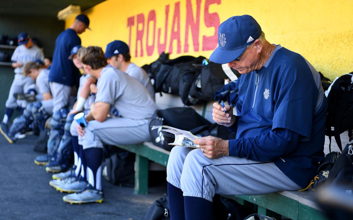 UC Irvine baseball coach Mike Gillespie prepares before a game against USC.