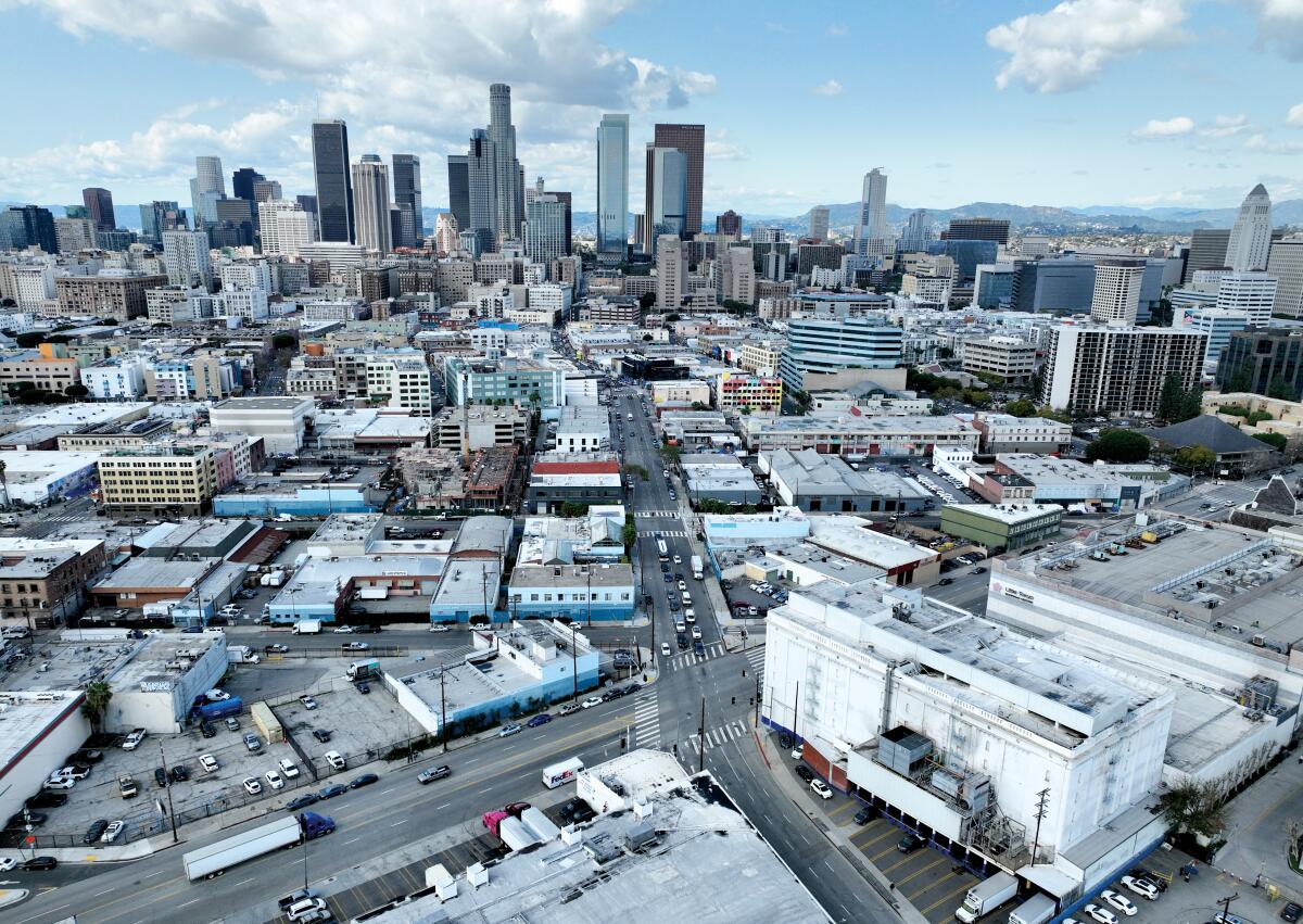 An aerial view shows the area neighboring Central Avenue and 4th Street in downtown Los Angeles.
