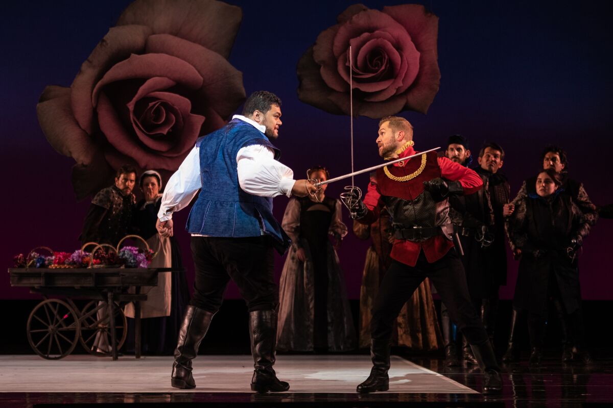 Pene Pati as Romeo and Adrian Kramer as Tybalt fight in San Diego Opera's "Romeo et Juliette."