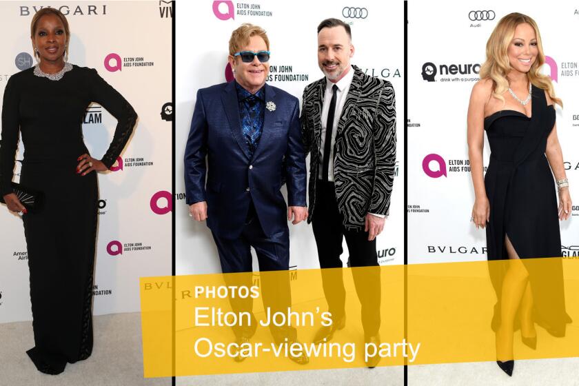 Guests arrive at the Elton John AIDS Foundation's Oscar-viewing party on Sunday. From left: Mary J. Blige; Elton John and David Furnish; and Mariah Carey.