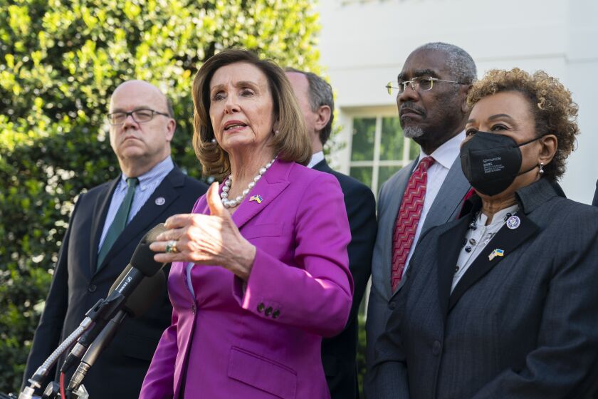 House Speaker Nancy Pelosi of Calif., with Rep. James McGovern, D-Mass., left to right, Rep. Greg Meeks, D-N.Y. and Rep. Barbara Lee, D-Calif., and other members of the Congressional delegation that recently visited Ukraine, speaks to reporters outside the West Wing of the White House following a meeting with President Joe Biden, Tuesday, May 10, 2022, in Washington. (AP Photo/Manuel Balce Ceneta)
