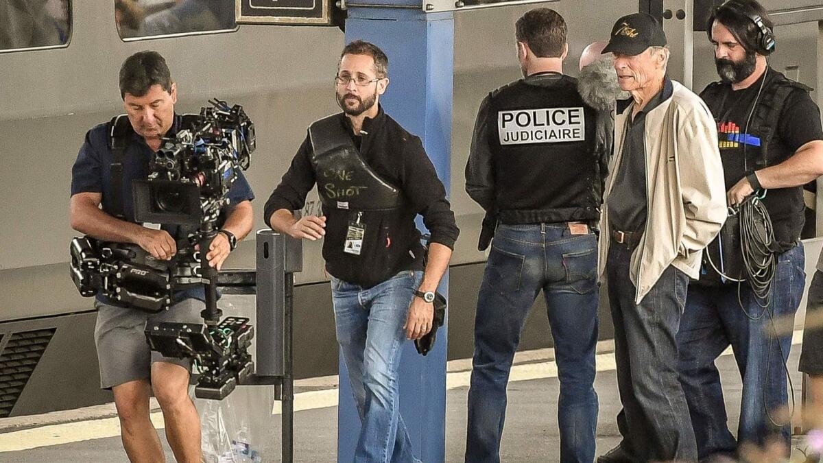 Clint Eastwood directing a scene for "The 15:17 to Paris" in Arras, France, in September.