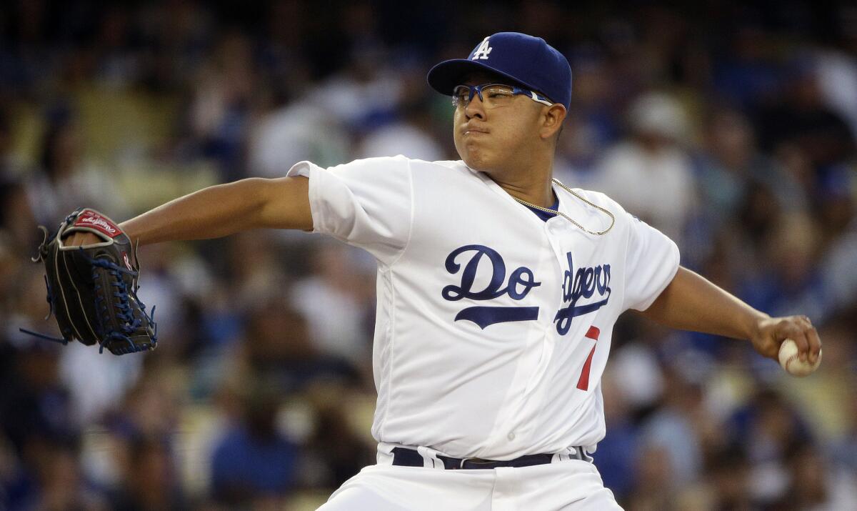 Dodgers' Julio Urias pitches against Milwaukee on June 17.