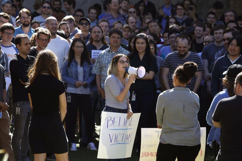 VENICE CA NOVEMBER 1, 2018 -- Google employees in Venice joined their counterparts around the world and staged a mass walkout Thursday, November 1, 2018, in protest of sexual misconduct at the company. (Jay L. Clendenin / Los Angeles Times)
