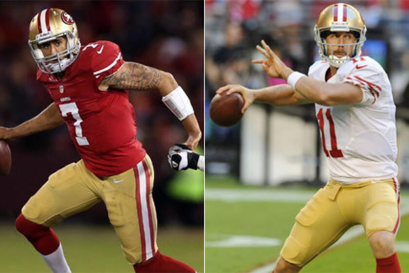 Colin Kaepernick, left, may have created a quarterback controversy in San Francisco while filling in for starter Alex Smith.