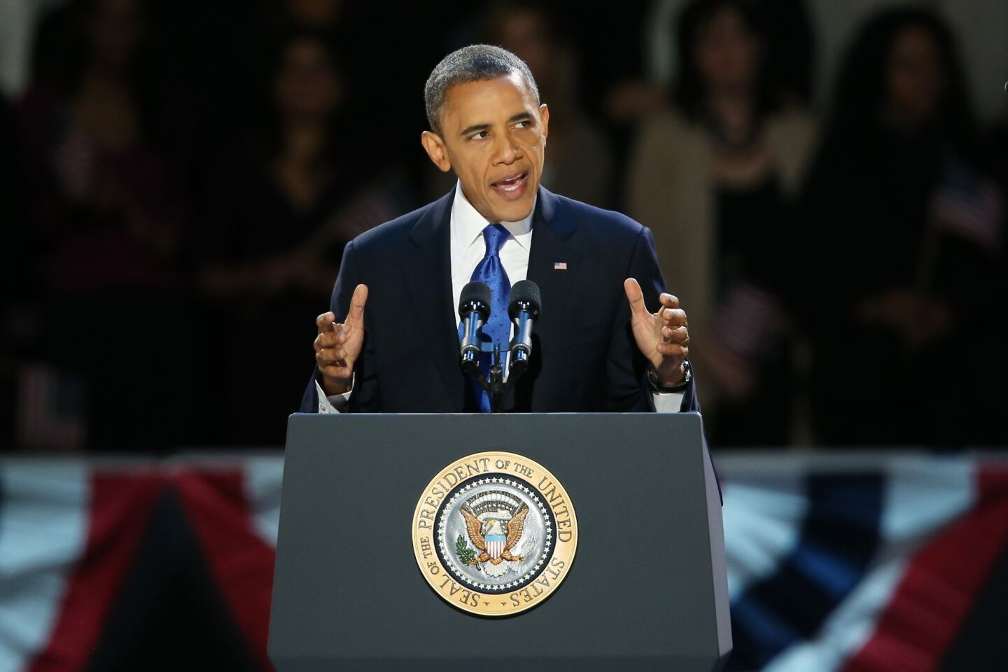 President Obama delivers his victory speech at McCormick Place in Chicago after being reelected to a second term.