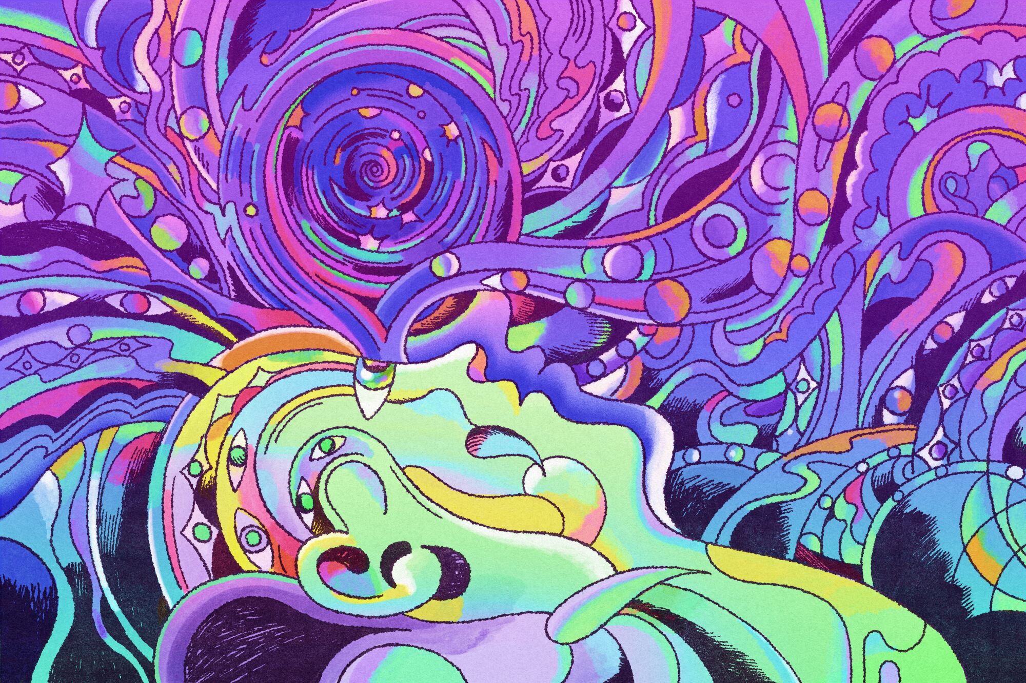 Illustration of a psychedelic person with purple and green swirls coming out of the eyes.