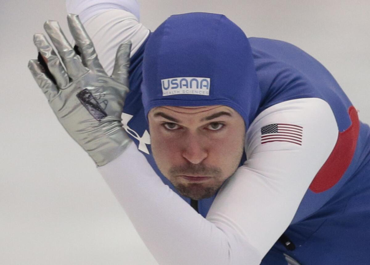 Mitchell Whitmore competes in a men's 500-meter race at the speedskating single distance world championships in Kolomna, Russia, on Feb. 14.