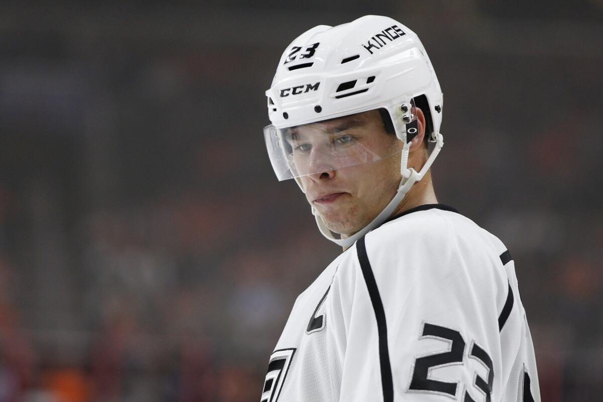 Dustin Brown, 30, looks on during the third period of the Kings' loss to the Philadelphia Flyers, 3-2, on Oct. 28.