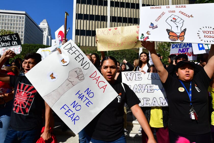 Students and supporters of DACA rally in downtown Los Angeles, California on November 12, 2019 as the US Supreme Court hears arguments to make a decision regarding the future of "Dreamers" as beneficiaries of DACA(Deferred Action for Childhood Arrivals). - The US Supreme Court hears arguments on November 12, 2019 on the fate of the "Dreamers," an estimated 700,000 people brought to the country illegally as children but allowed to stay and work under a program created by former president Barack Obama. Known as Deferred Action for Childhood Arrivals or DACA, the program came under attack from President Donald Trump who wants it terminated, and expired last year after the Congress failed to come up with a replacement. (Photo by Frederic J. BROWN / AFP) (Photo by FREDERIC J. BROWN/AFP via Getty Images)