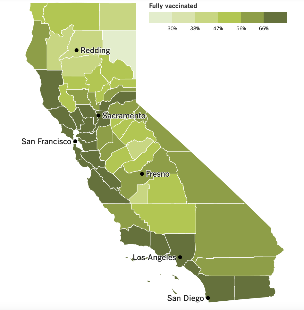 A map showing California's COVID-19 vaccination progress by county as of March 15, 2022.