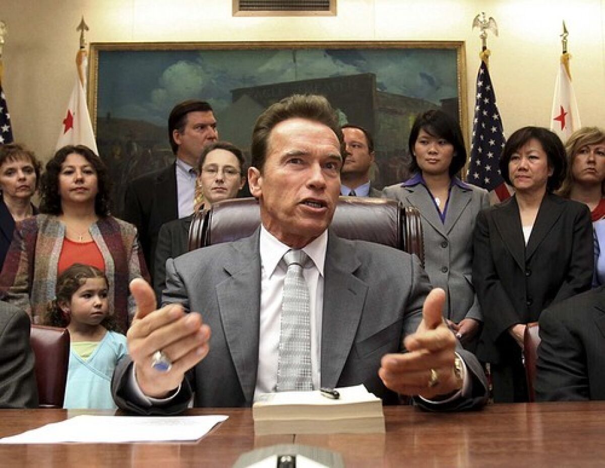 Arnold Schwarzenegger speaks at the budget-signing ceremony in Sacramento. The lame duck governor is "very focused on what ideas might be out there that Californians are not talking about," says consultant Adam Mendelsohn.