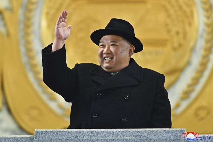 In this photo provided by the North Korean government, North Korean leader Kim Jong Un attends a military parade to mark the 75th founding anniversary of the Korean People’s Army on Kim Il Sung Square in Pyongyang, North Korea Wednesday, Feb. 8, 2023. Independent journalists were not given access to cover the event depicted in this image distributed by the North Korean government. The content of this image is as provided and cannot be independently verified. Korean language watermark on image as provided by source reads: "KCNA" which is the abbreviation for Korean Central News Agency. (Korean Central News Agency/Korea News Service via AP)