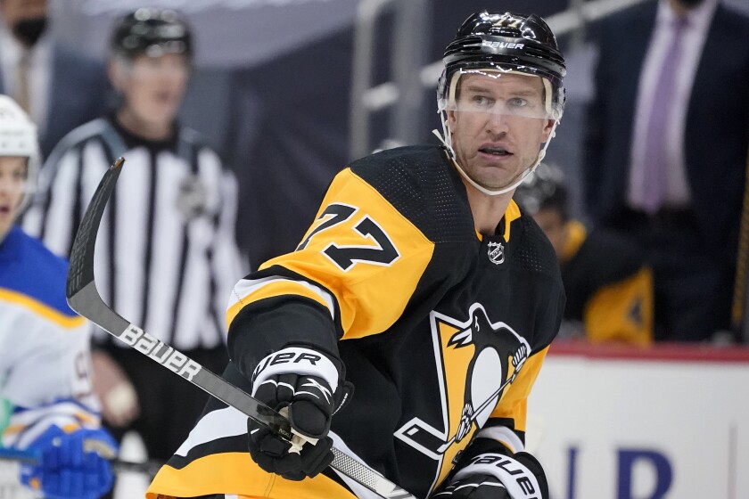 Pittsburgh Penguins' Jeff Carter (77) skates during the second period of an NHL hockey game against the Buffalo Sabres in Pittsburgh, Thursday, May 6, 2021. (AP Photo/Gene J. Puskar)